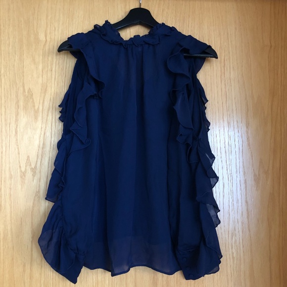 Parker Navy Blue Ruffle Cold Shoulder Blouse Sz XS - Picture 4 of 7